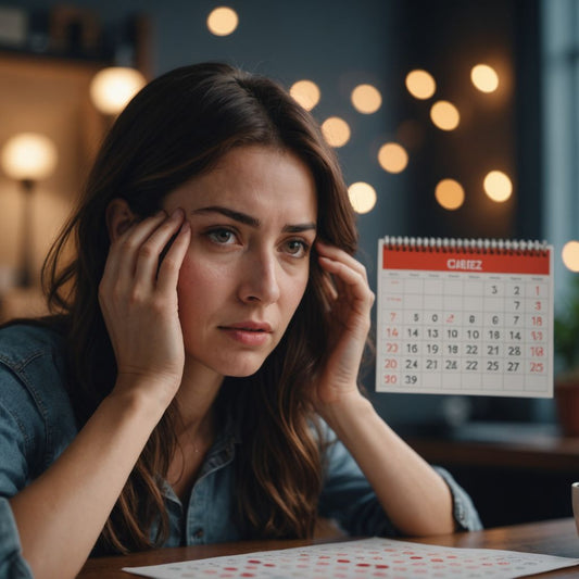 Woman tired with menstrual calendar in background