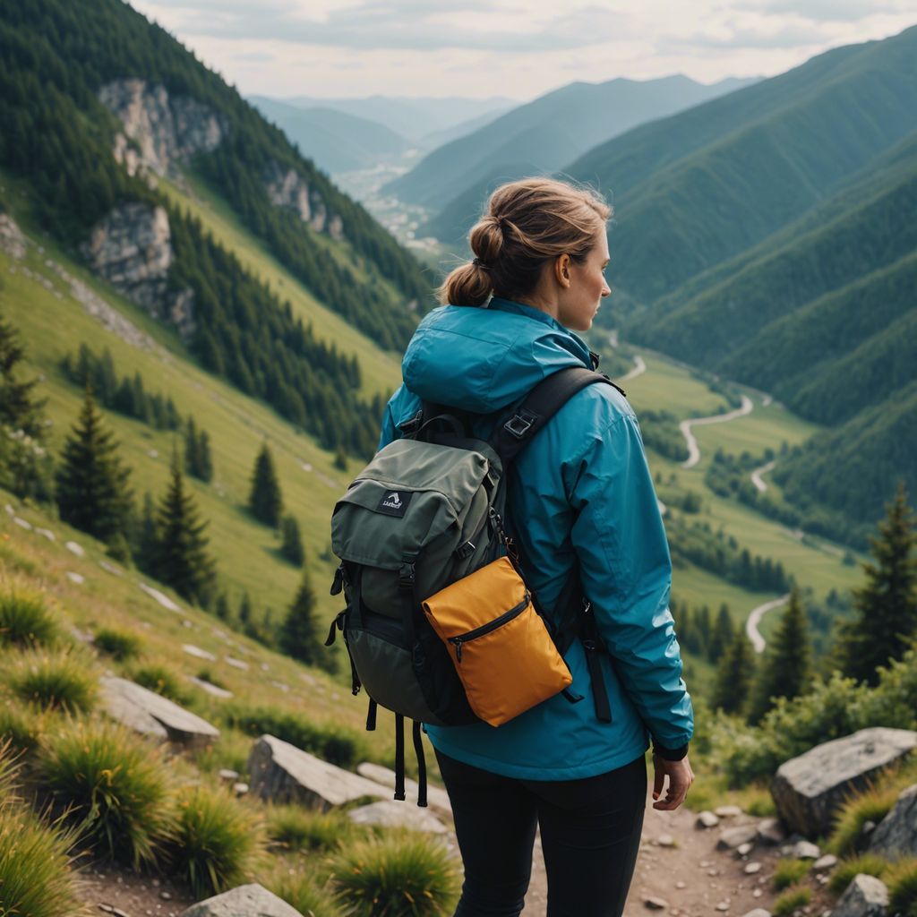 Woman in hiking gear on a mountain trail, holding a small pouch, with a scenic nature view.