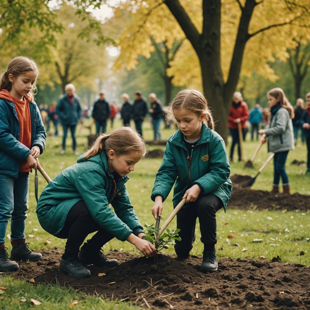 Kids and volunteers planting trees in a community park.