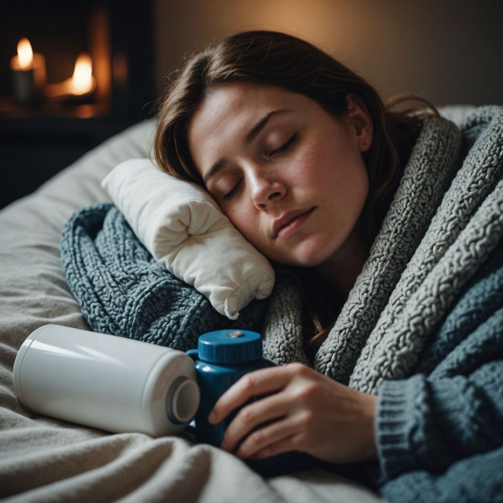 Woman sleeping with hot water bottle during period.