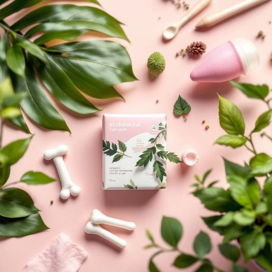 Eco-friendly menstrual products with green leaves.