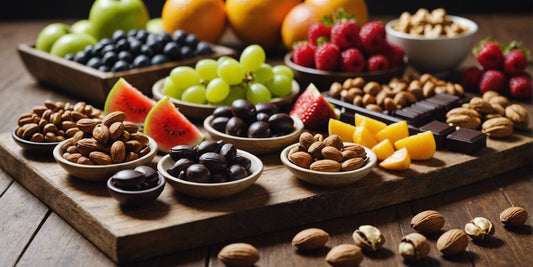 Assorted healthy snacks including nuts, fruits, and dark chocolate, perfect for combating cravings and boosting energy during periods.