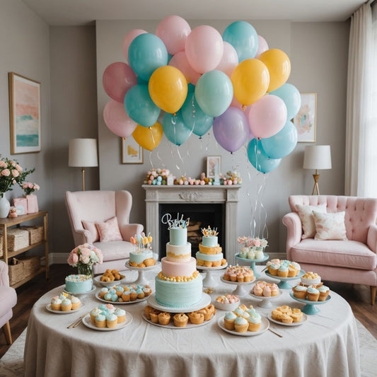 Baby shower with balloons, cake, and gifts