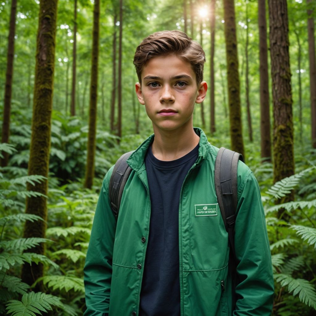 Young climate activist in lush green forest.