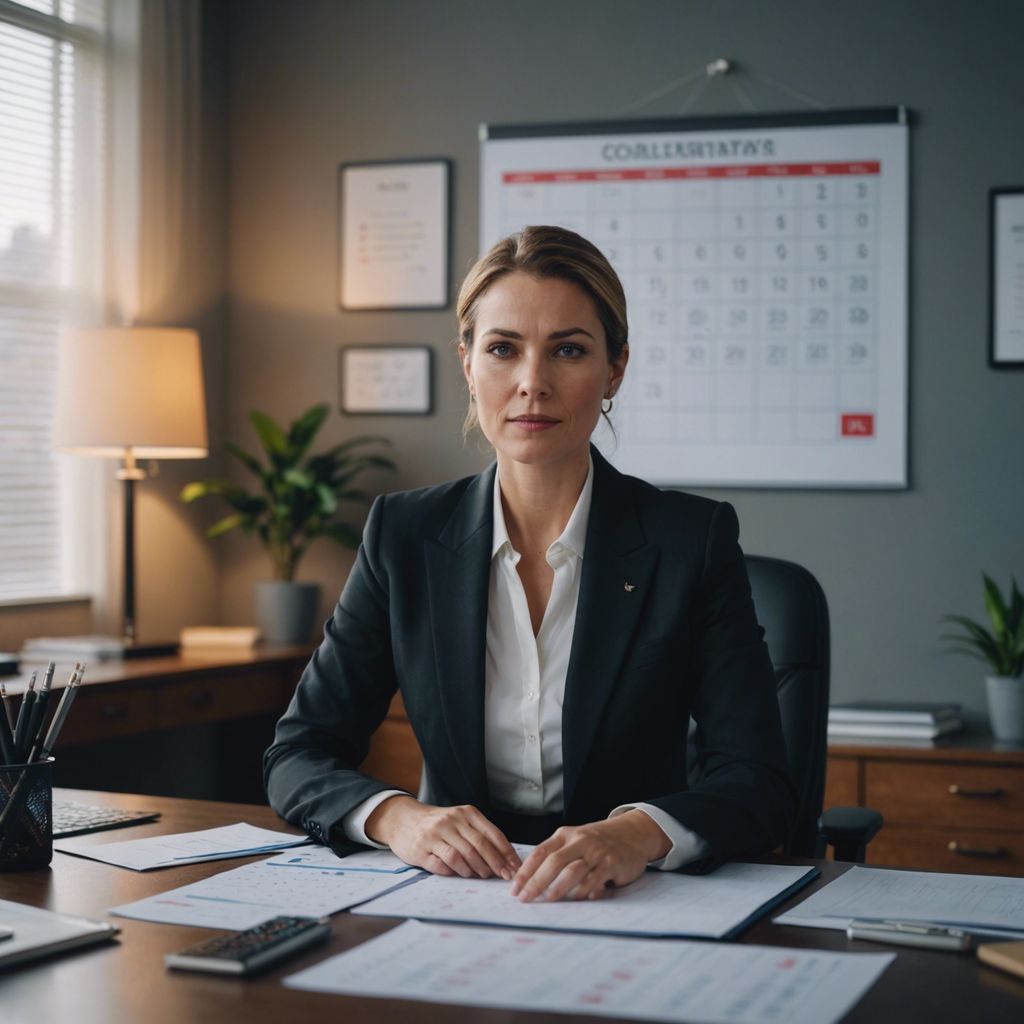 Professional woman relieved at desk with calendar showing menstrual leave days.