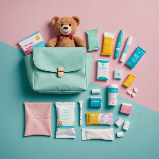 Teen period kit with pads, tampons, and teddy bear.