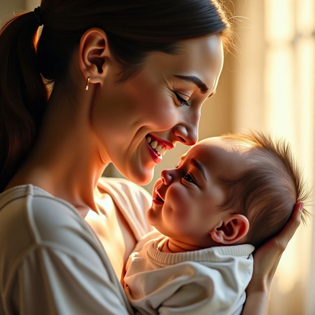 Mother holding newborn baby, both smiling.