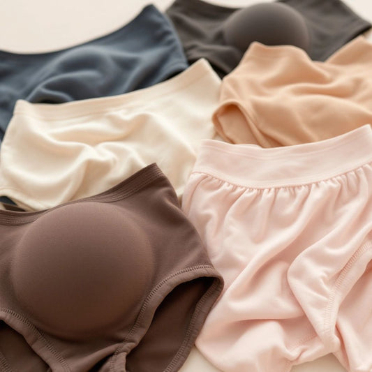 Variety of postpartum underwear in soft colors and fabrics.