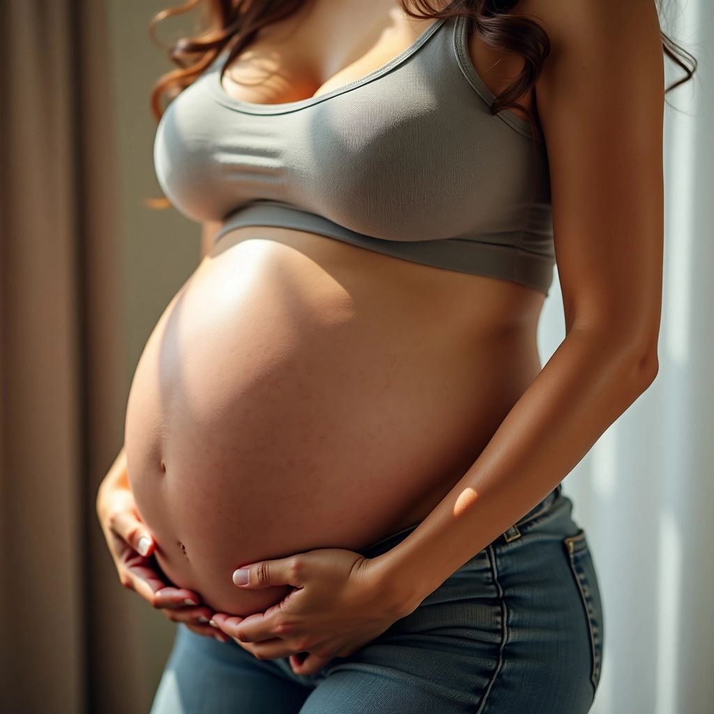 Pregnant woman cradling her belly