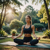 Woman doing yoga outdoors to ease PMS symptoms.