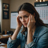 Distressed woman with calendar, symbolizing PMDD struggle