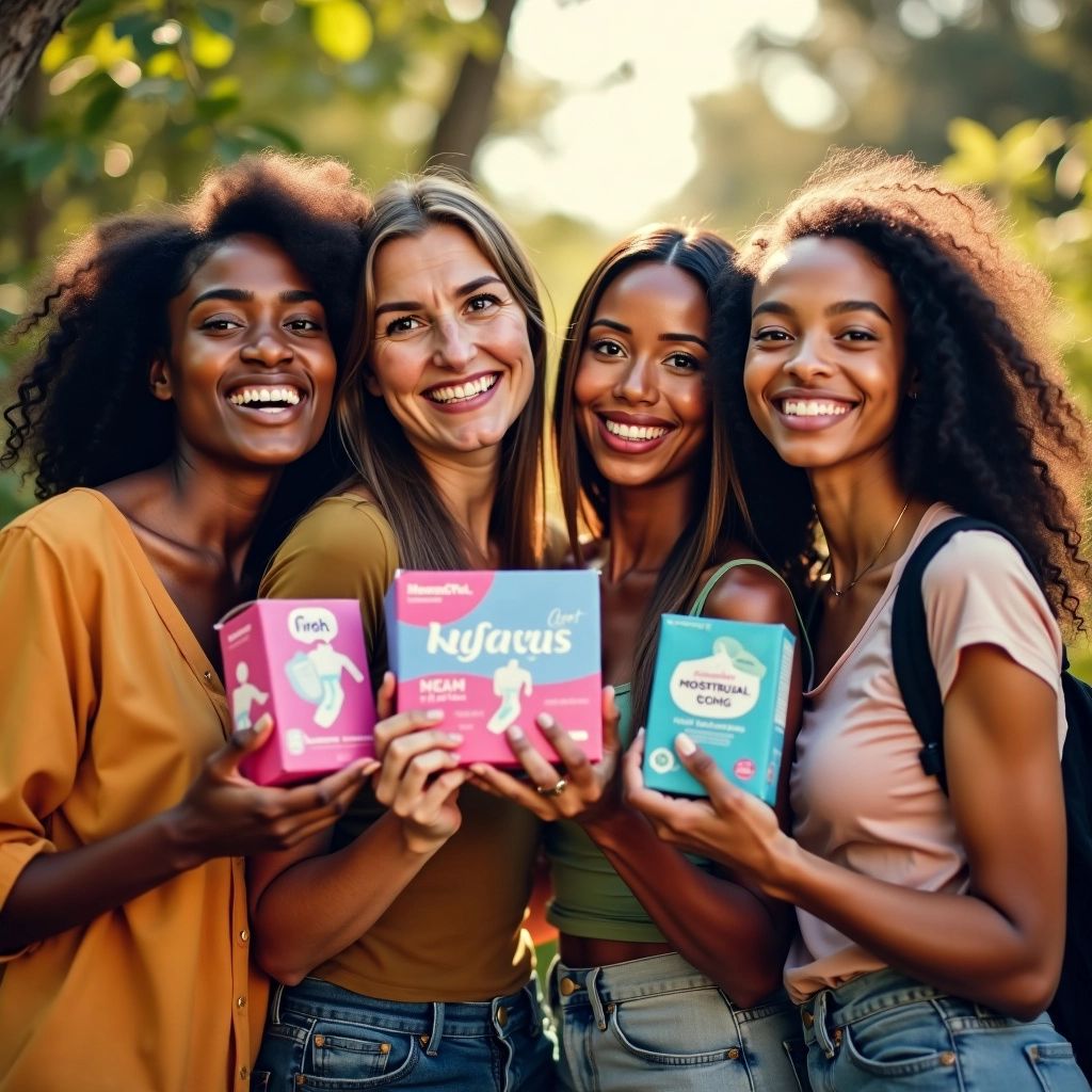 Diverse women smiling with menstrual products in nature.