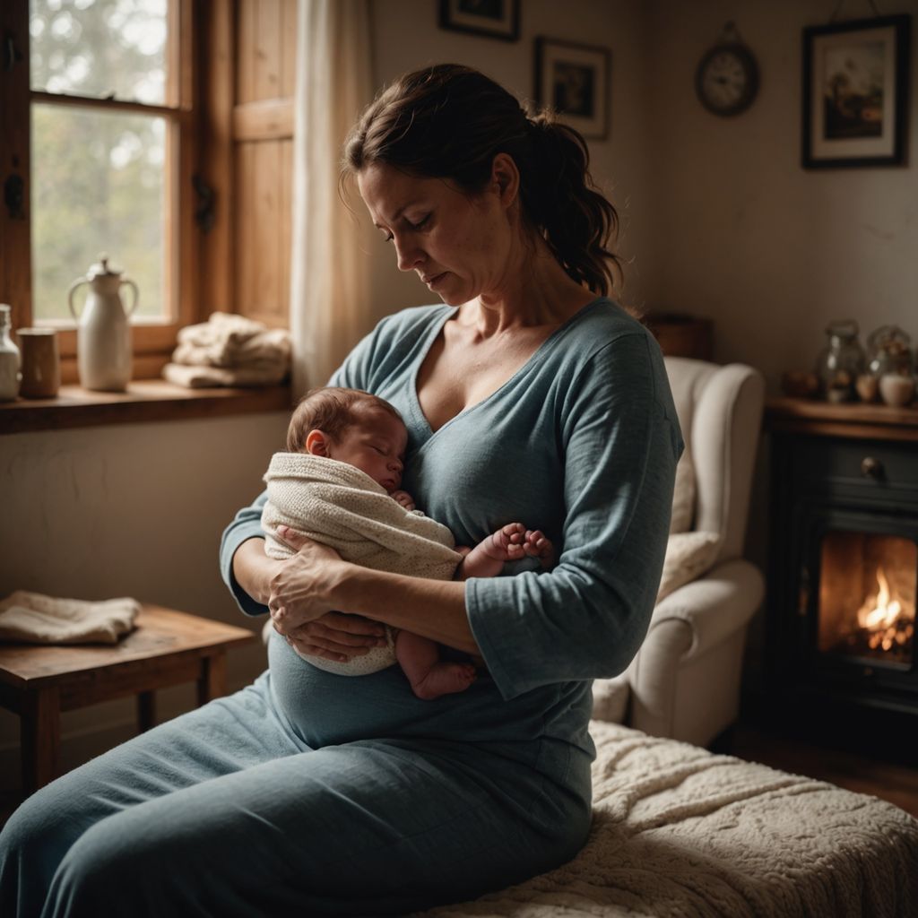 Mother cradling newborn in softly lit room.