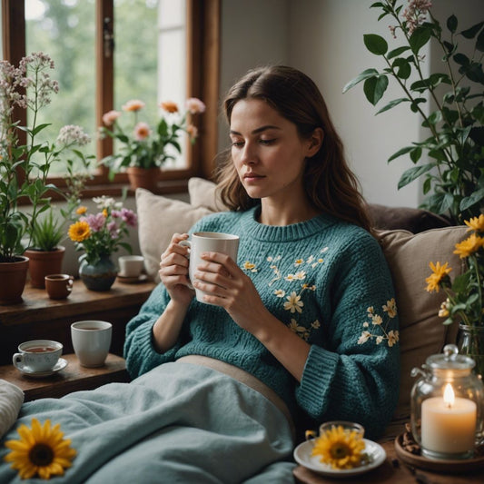 A woman with flowers, hot water bottle, and herbal tea, representing comfort and relief during menstruation.