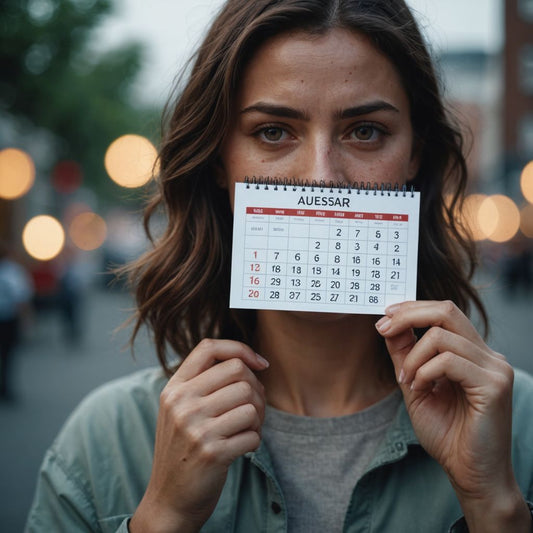 Woman sweating, holding period calendar, looking uncomfortable.