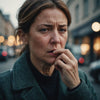 Woman coughing, showing signs of urinary incontinence concern.