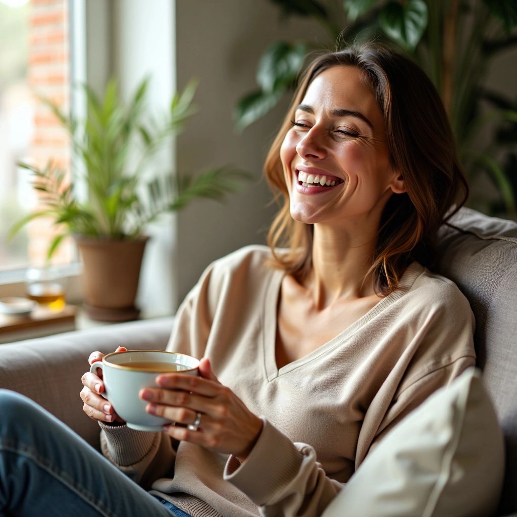 Smiling woman in cozy room, holding a cup of tea.