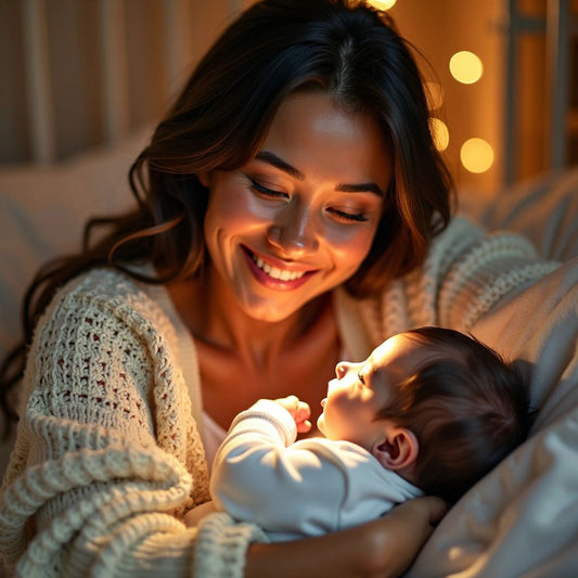 Ash London holding her newborn baby in a nursery.