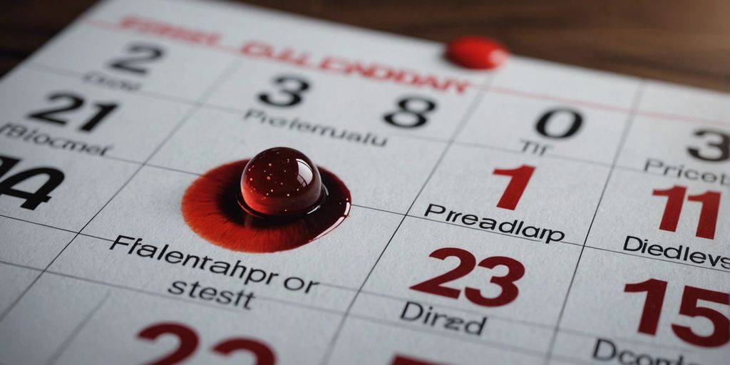 Calendar showing first day marked with a droplet of brown period blood.