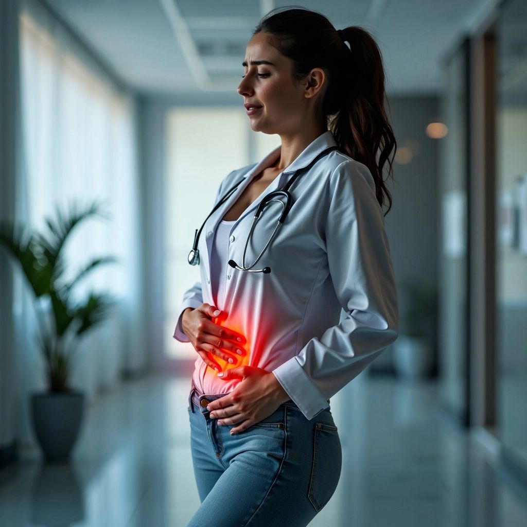 Woman holding lower abdomen in pain