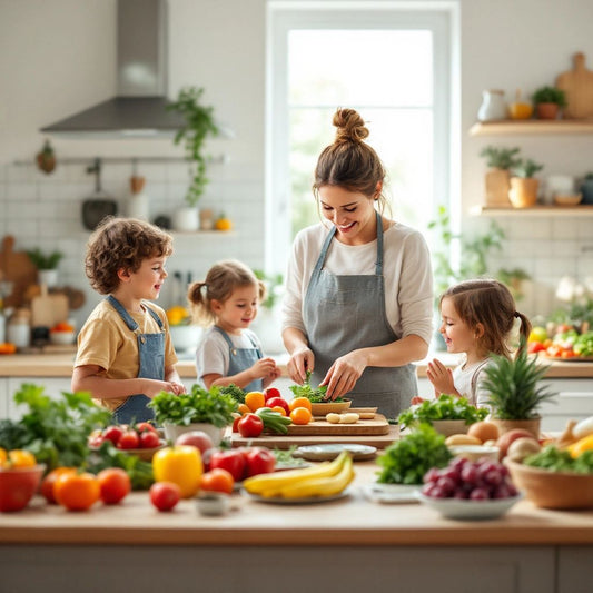 Busy mum preparing healthy meals in a vibrant kitchen.