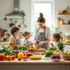 Busy mum preparing healthy meals in a vibrant kitchen.