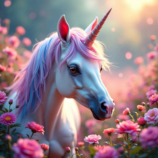 A vibrant unicorn with a shimmering mane and flowers.