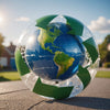 Earth covered in plastic with a recycling sign.