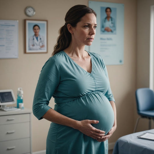 Concerned pregnant woman in medical clinic