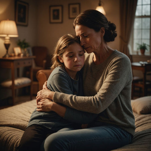 Mother comforting anxious daughter in cozy room.