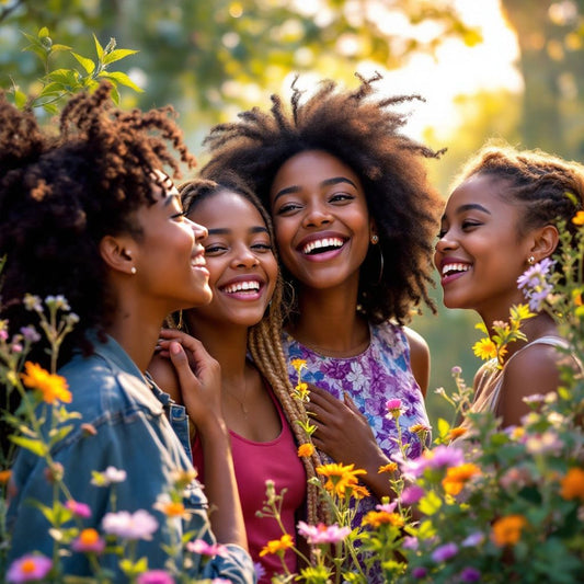 Young girls celebrating together in a natural setting.