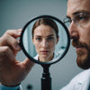 Dermatologist examining a patient's skin under a magnifying glass, focusing on hormonal acne areas.