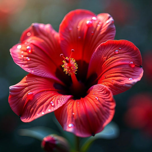 Close-up of a vibrant red flower with dew drops.