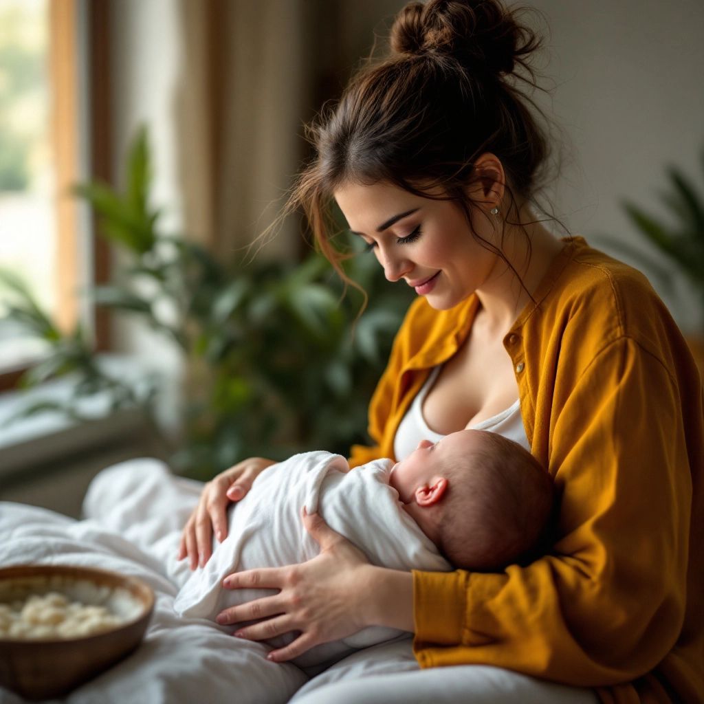 Midwife assisting mother with breastfeeding in a cozy setting.