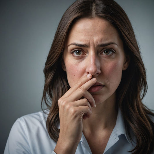 Concerned woman holding nose