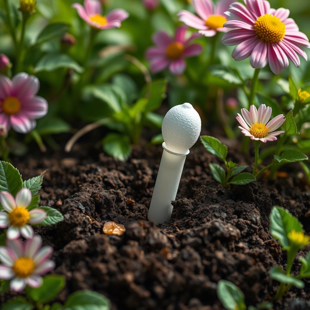 Biodegradable tampon decomposing in soil with flowers.