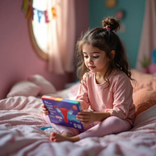 Young girl with a menstrual care kit on her bed.