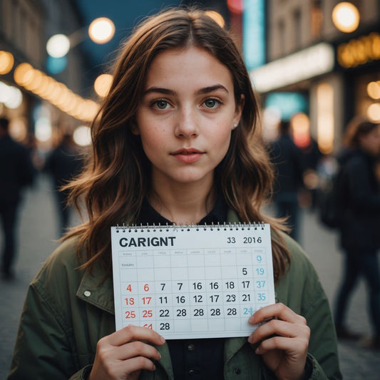 Young girl holding calendar, circled date, looking curious.