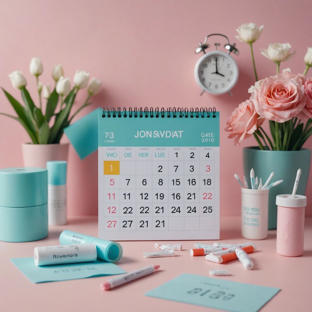 Calendar with marked dates, clock, and feminine hygiene products on a pastel background.