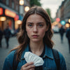 Young woman holding menstrual pad, looking concerned.