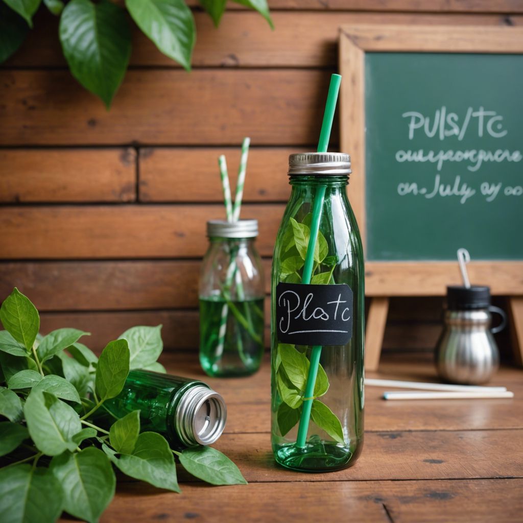 Reusable glass water bottle and stainless steel straw on a wooden table with 'Plastic-Free July' written on a chalkboard.