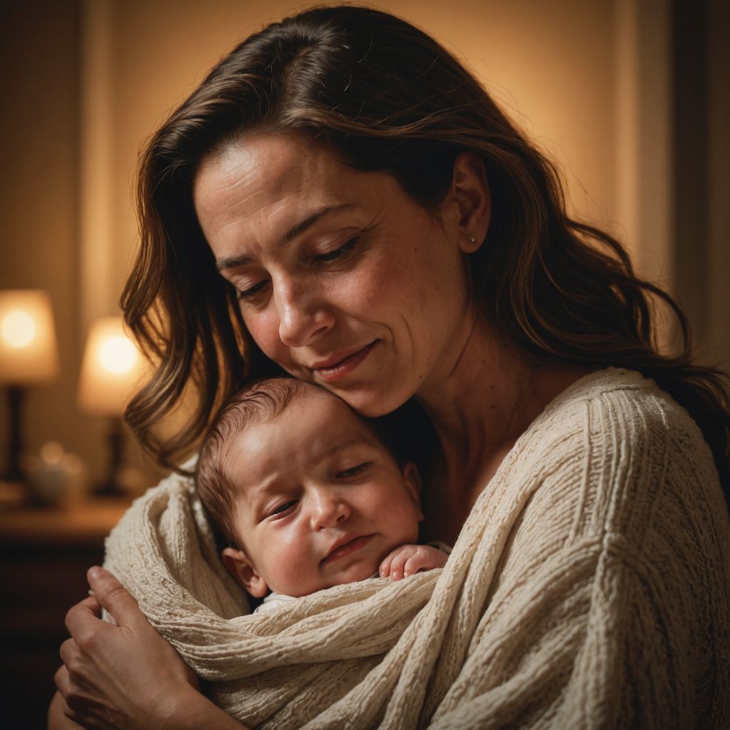 Mother cradling newborn with joyful expressions.