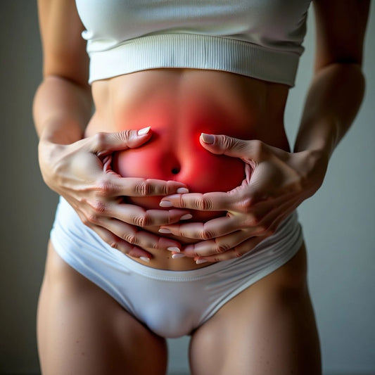 Woman holding abdomen in discomfort.