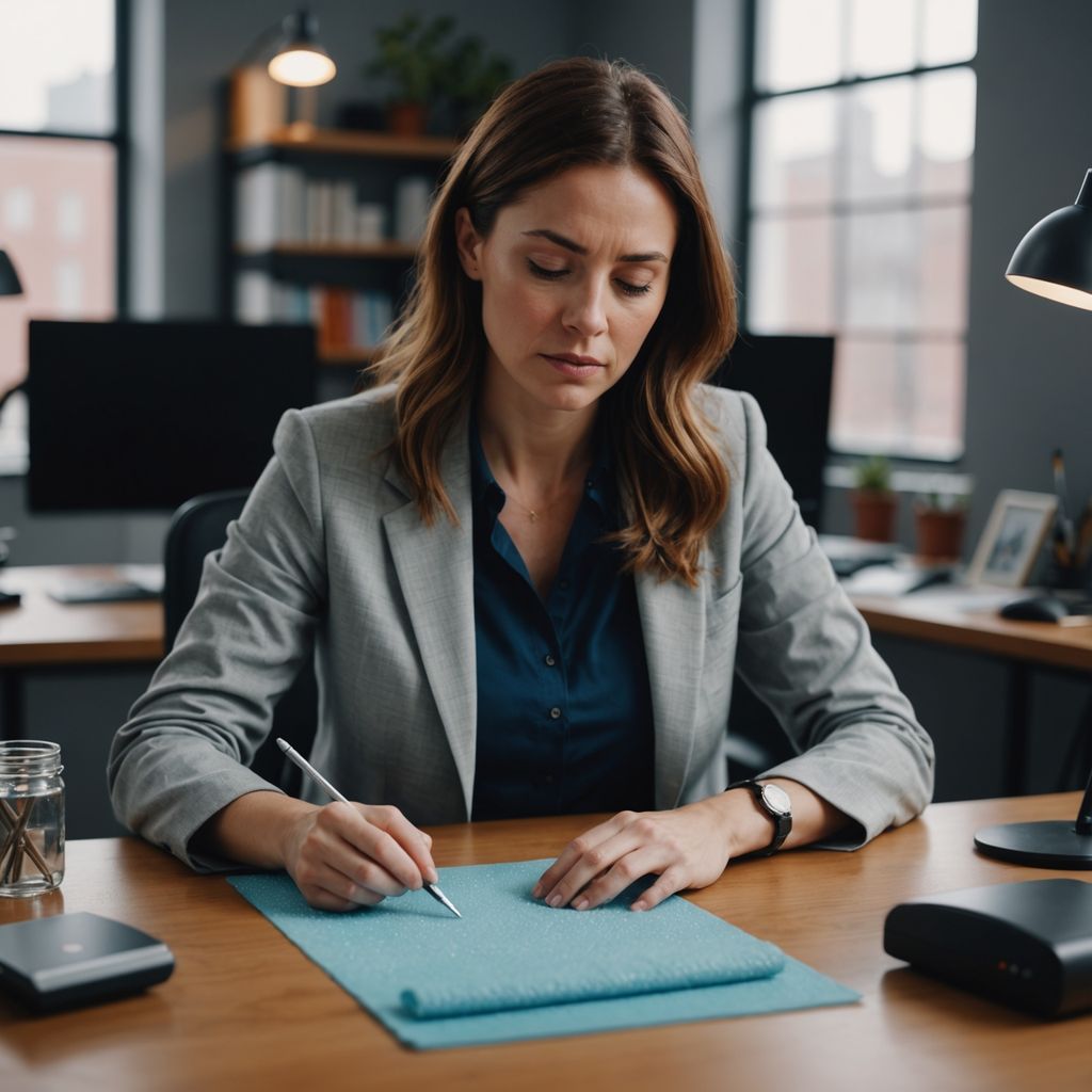 Woman using heating pad at work for period cramps