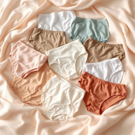 Various styles of period underwear on a neutral background.