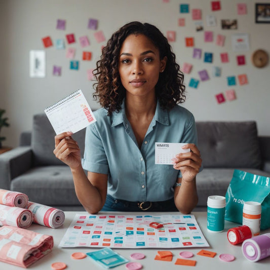 Woman holding a calendar with marked dates, surrounded by menstrual products and dollar signs.