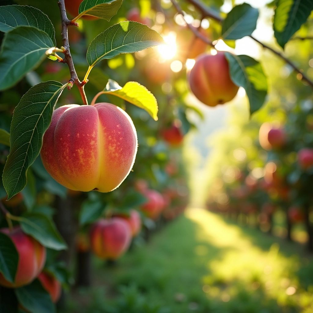 A vibrant orchard with ripe peaches and apples.