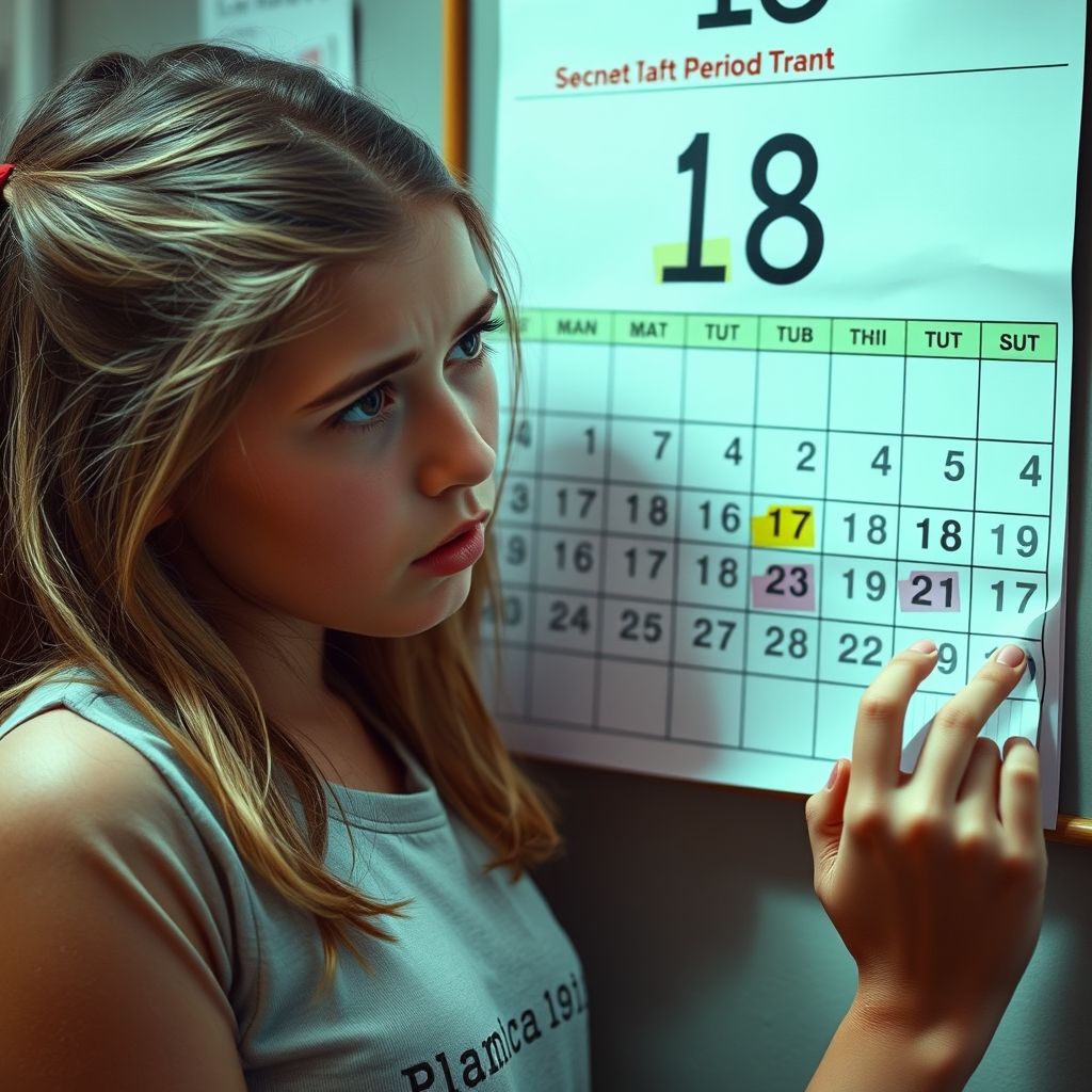 Teen girl looking at calendar, concerned expression.