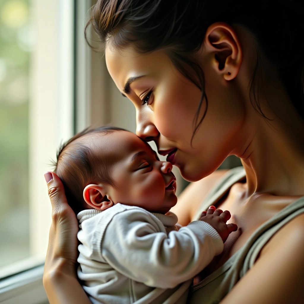 Mother holding newborn baby, soft natural lighting.