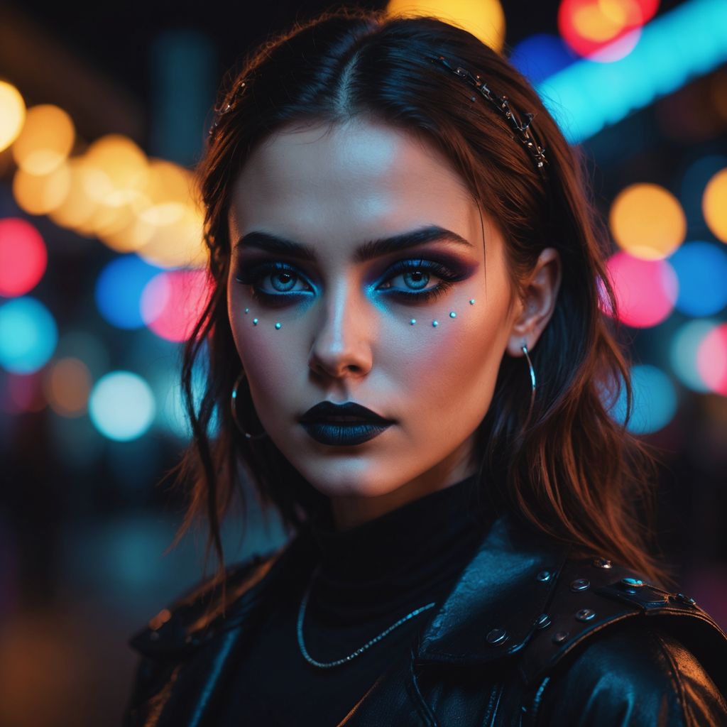 A model with neon lights and dark makeup.